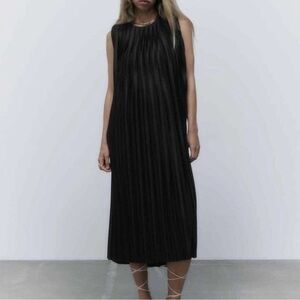 ZARA BLACK PLEATED FLOWING CUT OUT BACK DRESS MEDIUM NWT
